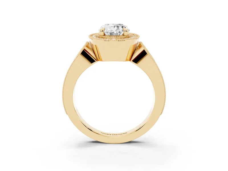 Oval Vintage Milgrain Halo Engagement Ring Setting | Open Loop Pave Shoulders | Yellow Gold
