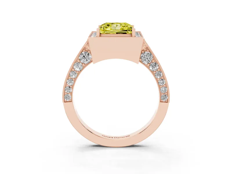 Princess Cut Milgrain Halo Engagement Ring Setting for a Fancy Yellow Lab-Grown Diamond | Side Stones | Rose Gold