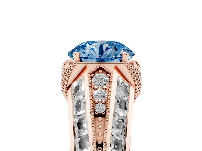 Fancy Blue Round Cut Diamond Vintage-Inspired Milgrain Ring Set in Rose gold with Accent Split Shank