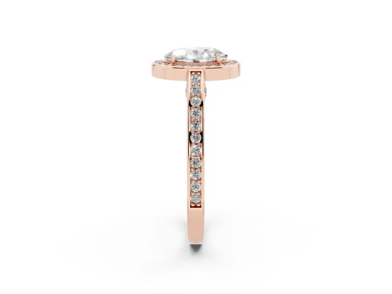 Oval Cut Diamond Halo Pavé Split Shank Ring Set in Rose gold with Prong Setting