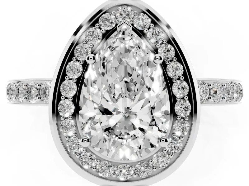 Pear Cut Diamond Halo Ring Set in White gold with Bezel Frame and Pavé Band