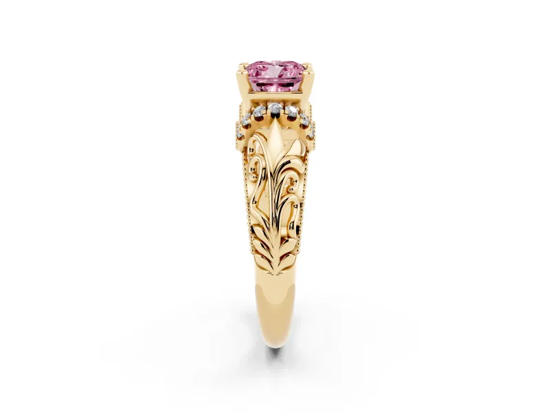 Fancy Pink Cushion Cut Diamond Filigree Halo Engagement Ring Set in Yellow gold with Prong Setting
