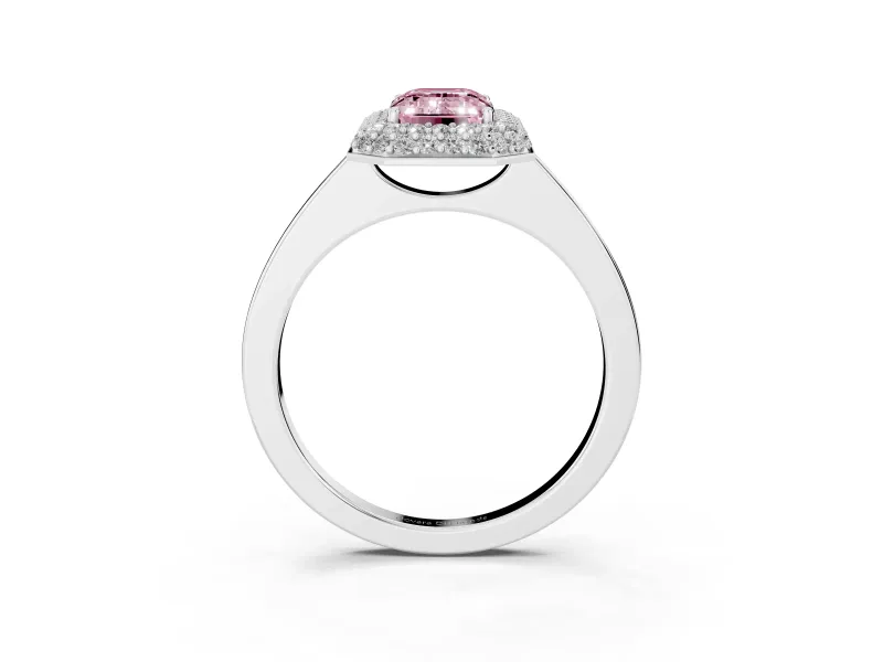 Fancy Pink Emerald Cut Diamond Halo Engagement Ring Set in White gold with Solitaire Band and Prong Setting