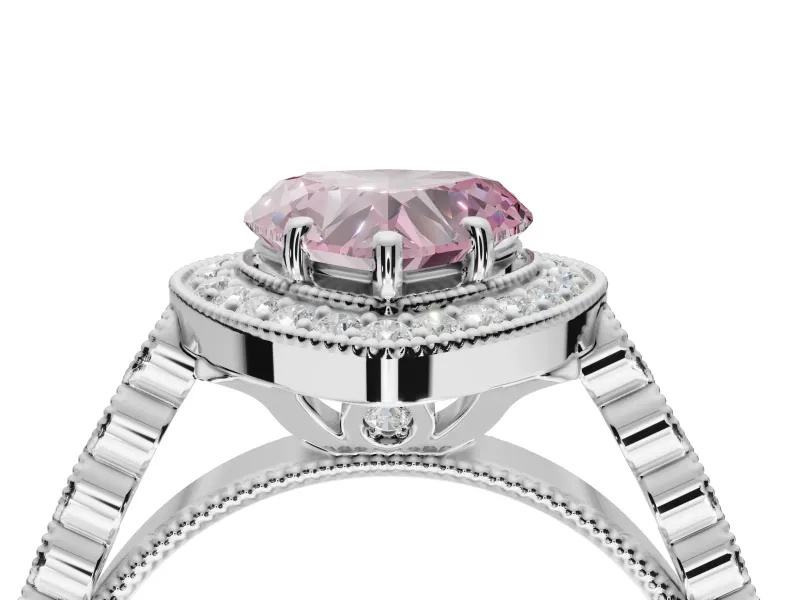 Fancy Pink Heart-Shaped Lab-Grown Diamond Milgrain Halo Solitaire Ring Set in Sterling Silver with Bezel Set Side Stones and Pavé Band