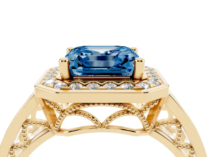 Asscher Cut Halo Engagement Ring Setting for a Fancy Blue Lab-Grown Diamond | Channel-Set Split Shank | Yellow Gold