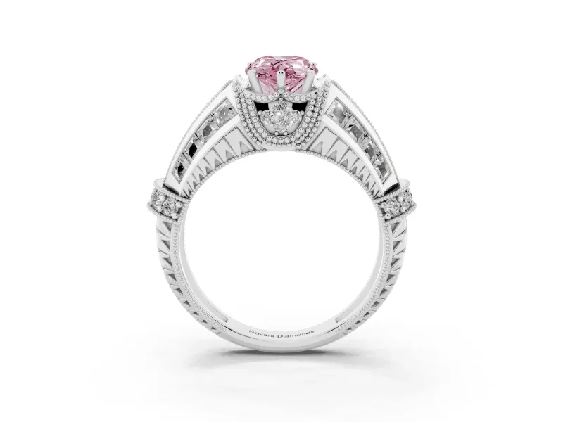 Fancy Pink Pear Cut Diamond Vintage-Inspired Milgrain Ring Set in Silver with Accent Split Shank
