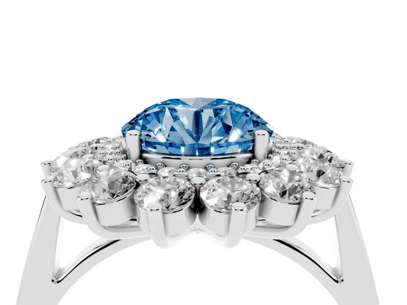 Round Floral Double Halo Engagement Ring Setting for a Fancy Blue Lab-Grown Diamond | Plain Band | Sterling Silver