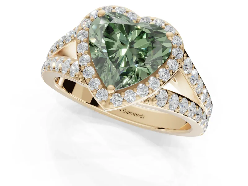 Heart-Shaped Halo Pavé Engagement Ring Setting for a Fancy Green Lab-Grown Diamond | Narrow Split Shank | Yellow Gold