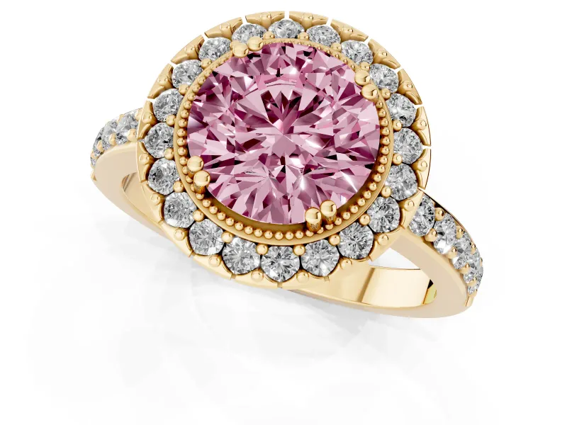Round Vintage Milgrain Halo Engagement Ring Setting for a Fancy Pink Lab-Grown Diamond | Pierced Gallery | Yellow Gold
