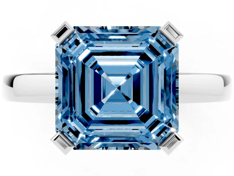 Fancy Blue Asscher Cut Diamond Solitaire Ring Set in White gold with Prong Head and Smooth Polished Band