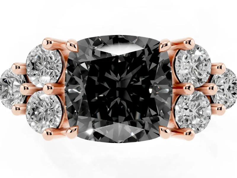 Fancy Black Cushion Cut Diamond Solitaire Ring Set in Rose gold with Cluster Accents on Each Side