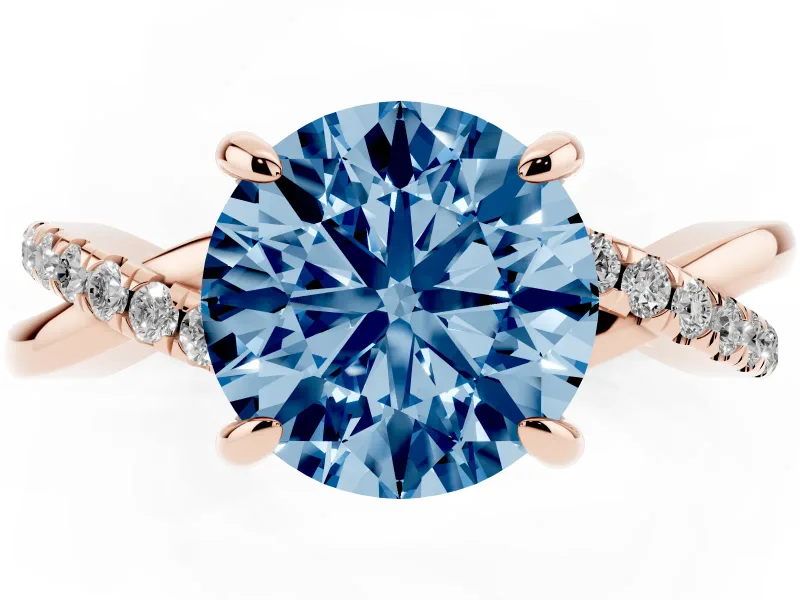 Fancy Blue Round Cut Diamond Twist Band Solitaire Set in Rose gold with Pavé Accents and Prong Setting