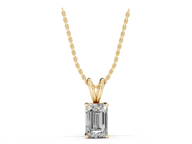 Emerald Cut Lab-Grown Diamond Solitaire Pendant Necklace | Corner Claw Prongs | Yellow Gold