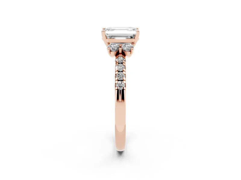 Emerald Cut Side Stone Pave Engagement Ring Setting | Paired Round Accents | Rose Gold