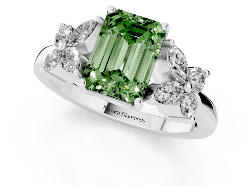 Emerald Cut Floral Engagement Ring Setting for a Fancy Green Lab-Grown Diamond | Sterling Silver