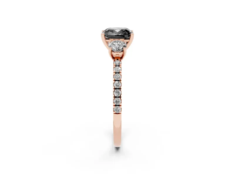 Cushion Cut Three Stone Engagement Ring Setting for a Black Center | Pavé Shoulders | Rose Gold