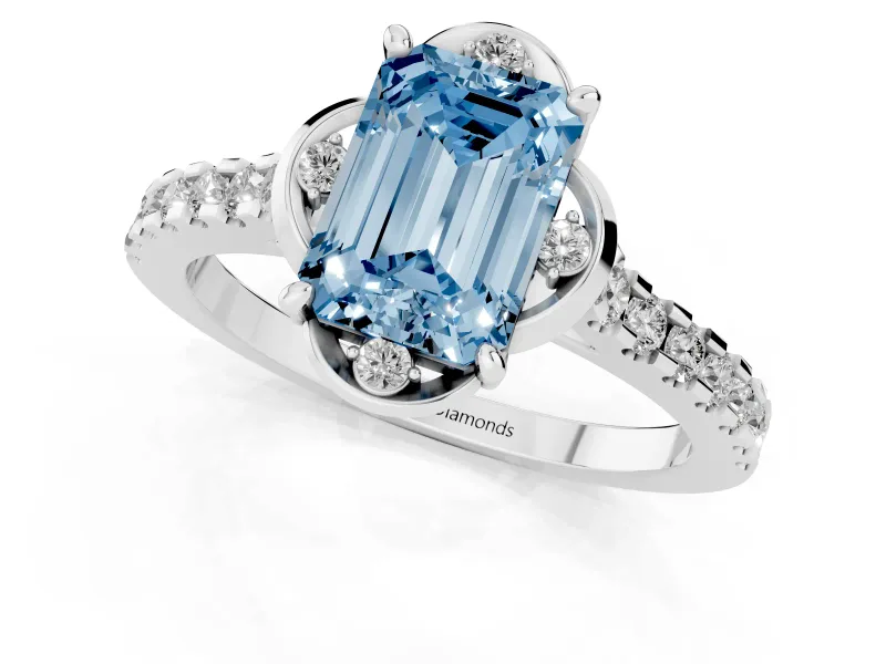 Emerald Cut Floral Petal Engagement Ring Setting for a Fancy Blue Lab-Grown Diamond | Petal Accents | White Gold