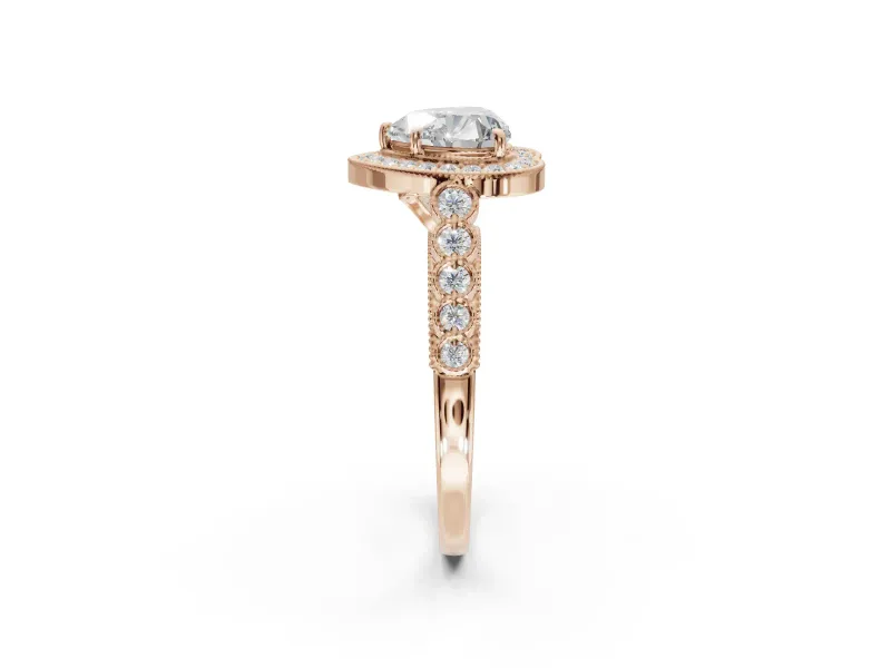 Heart-Shaped Milgrain Halo Engagement Ring Setting | Graduated Bezel Accents | Rose Gold