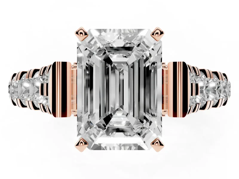 Emerald Cut Graduated Side Stone Cathedral Engagement Ring Setting | Milgrain Gallery | Rose Gold