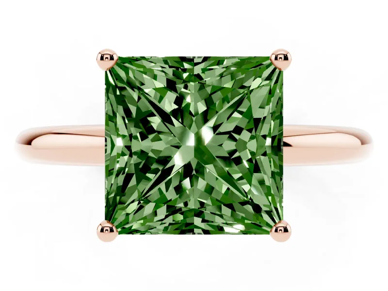 Fancy Green Princess Cut Diamond Solitaire Engagement Ring Set in Rose gold with Prong Setting and Polished Band