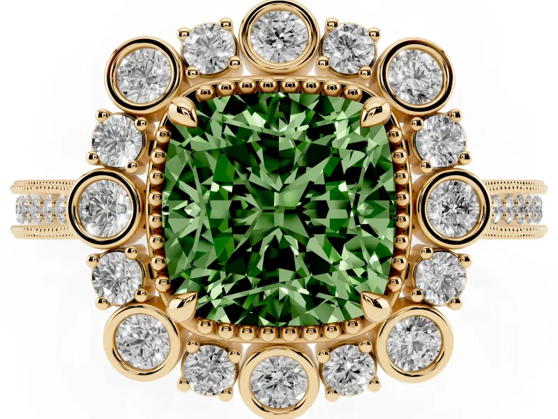 Cushion Cut Scalloped Halo Engagement Ring Setting for a Fancy Green Lab-Grown Diamond | Milgrain Edges | Yellow Gold