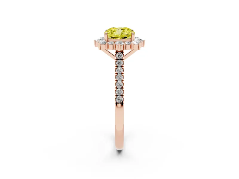 Cushion Cut Scalloped Halo Engagement Ring Setting for a Fancy Yellow Lab-Grown Diamond | Single Row Pave | Rose Gold