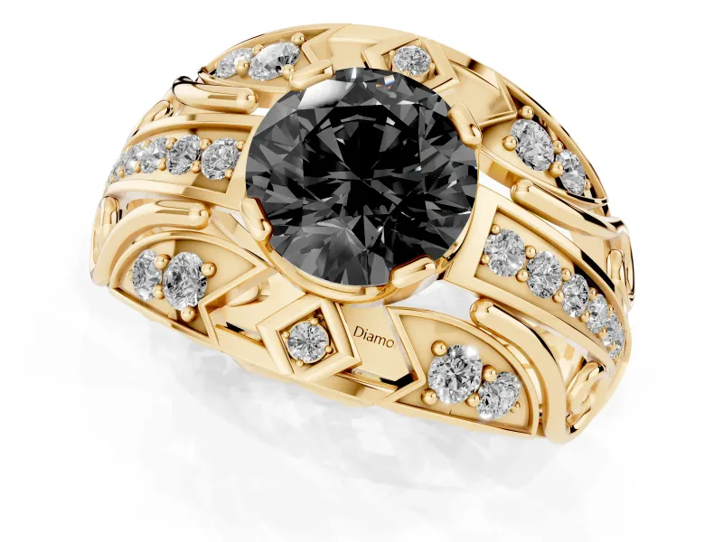 Fancy Black Round Cut Diamond Art Deco Ring Set in Yellow gold with Pavé Split Shank