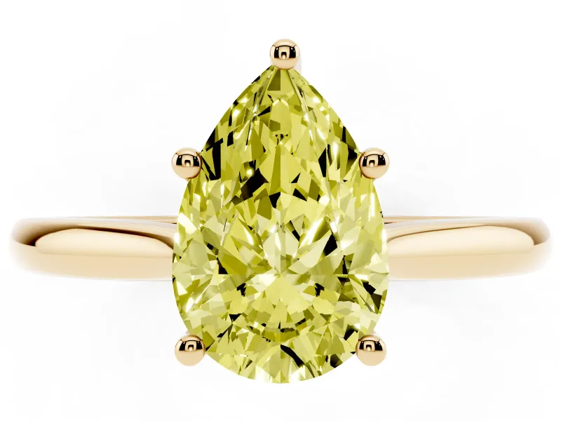 Fancy Yellow Pear Cut Diamond Solitaire Ring Set in Yellow gold with Cathedral Band and Prong Setting
