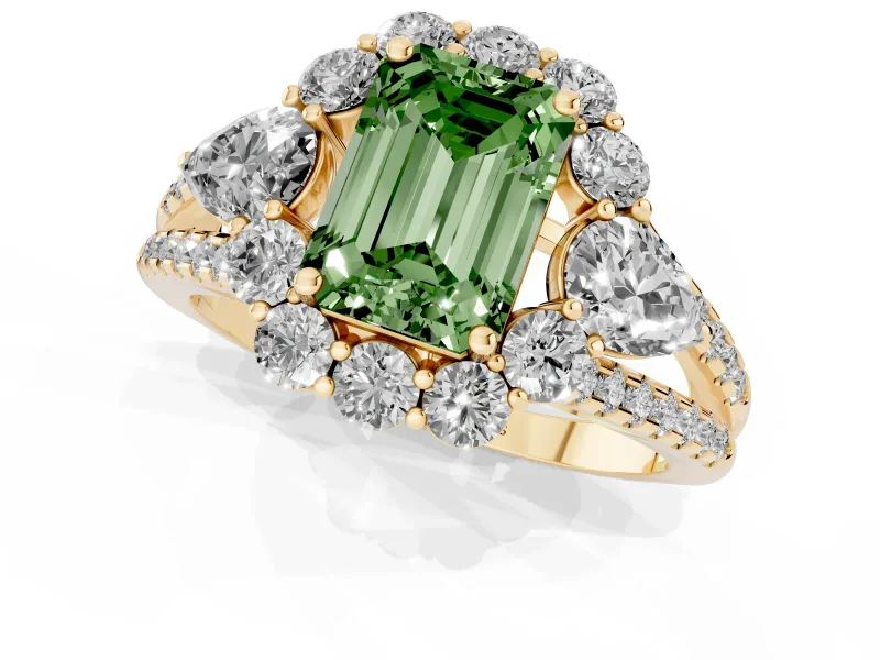 Fancy Green Emerald Cut Diamond Halo Split Shank Engagement Ring Set in Yellow gold with Prong-Held Center Stone
