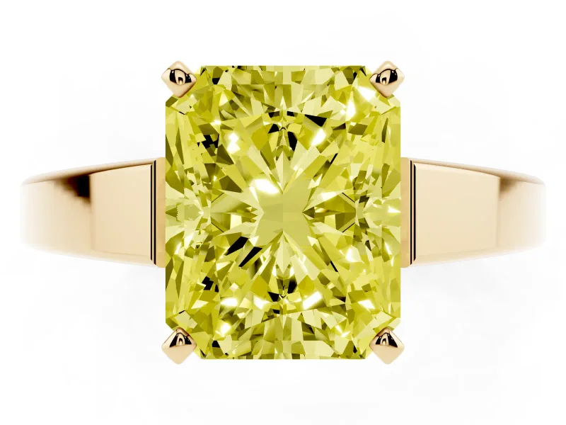 Fancy Yellow Radiant Cut Diamond Solitaire Engagement Ring Set in Yellow gold with Prong Setting and Tapered Band