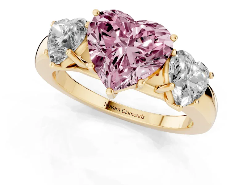 Heart-Shaped Three Stone Engagement Ring Setting for a Fancy Pink Lab-Grown Diamond | Matching Side Stones | Yellow Gold