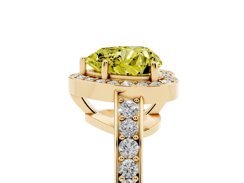 Fancy Yellow Heart Cut Diamond Halo Pavé Engagement Ring Set in Yellow gold with Bezel Setting