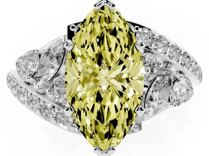 Fancy Yellow Marquise Cut Diamond Halo Ring Set in Platinum with Marquise and Pavé Band in Prong Setting