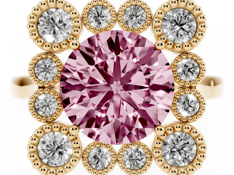 Round Milgrain Cluster Halo Engagement Ring Setting for a Fancy Pink Lab-Grown Diamond | Plain Band | Yellow Gold