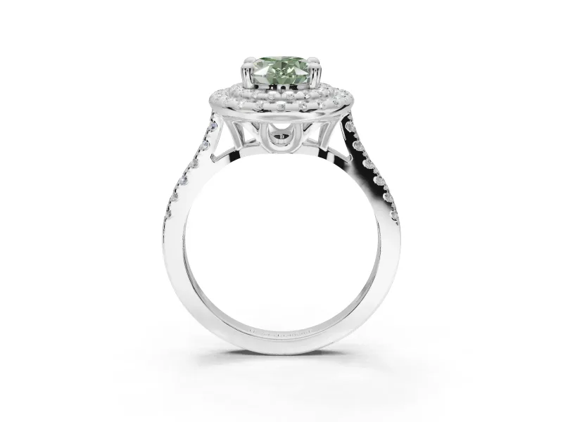 Fancy Green Oval Lab-Grown Diamond Double Halo Statement Ring Set in Sterling Silver with Pavé Band