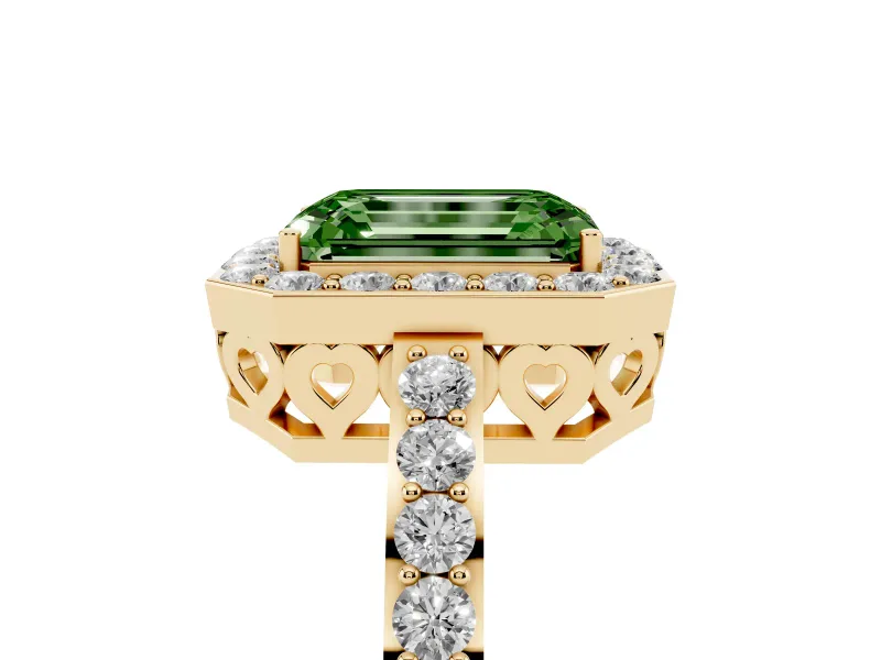 Fancy Green Emerald Cut Diamond Halo Ring Set in Yellow gold with Pavé-Setting Band and Open Prong Center