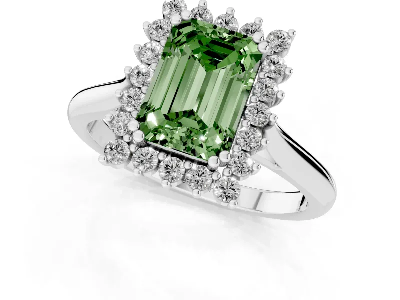 Fancy Green Emerald Cut Diamond Halo Ring Set in White gold with Plain Solitaire Band and Prong Setting