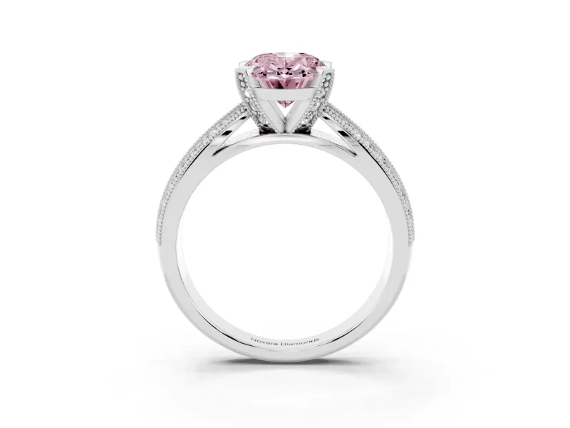 Fancy Pink Oval Cut Diamond Solitaire Ring Set in White gold with Milgrain Double Row Round Pavé Band