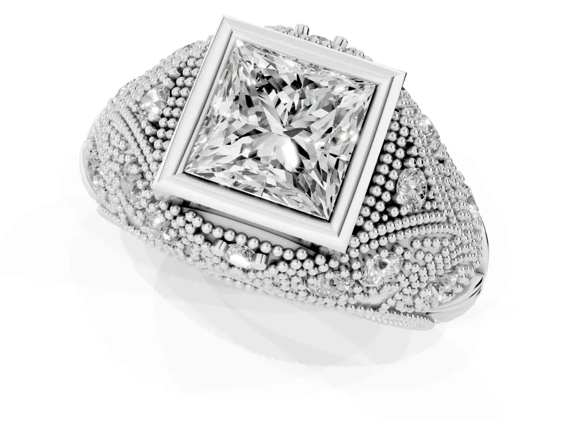 Princess Cut Diamond Bezel Ring Set in White gold with Milgrain Accent Band