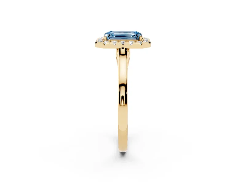 Fancy Blue Emerald Cut Halo Round Diamond Solitaire Ring Set in Yellow gold with Pavé Band and Prong Setting