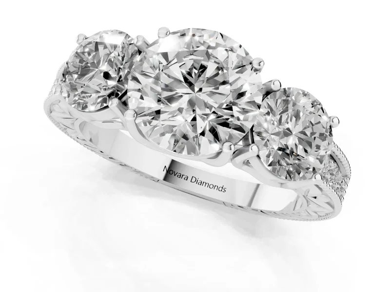 Round Vintage Three Stone Engagement Ring Setting | Milgrain Pavé Band | Sterling Silver