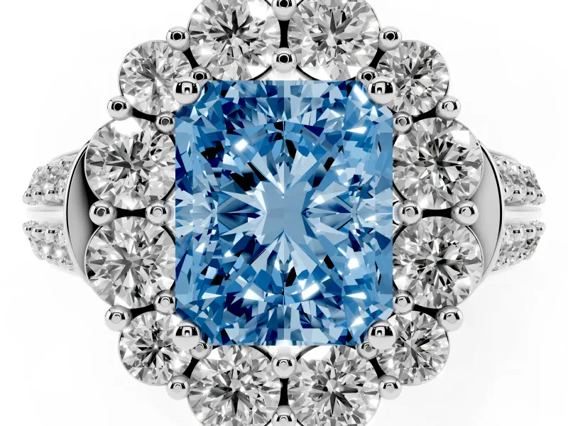 Fancy Blue Radiant Cut Diamond Halo Engagement Ring Set in Platinum with Split Shank and Prong Setting