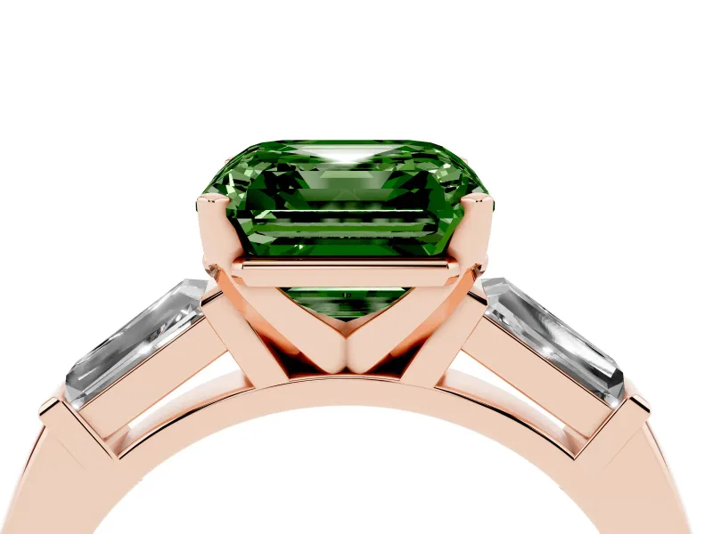 Asscher Cut Three Stone Engagement Ring Setting for a Fancy Green Lab-Grown Diamond | Tapered Baguettes | Rose Gold