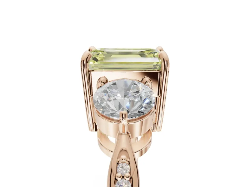 Emerald Cut Three Stone Engagement Ring Setting for a Fancy Yellow Lab-Grown Diamond | Tapered Pave Band | Rose Gold