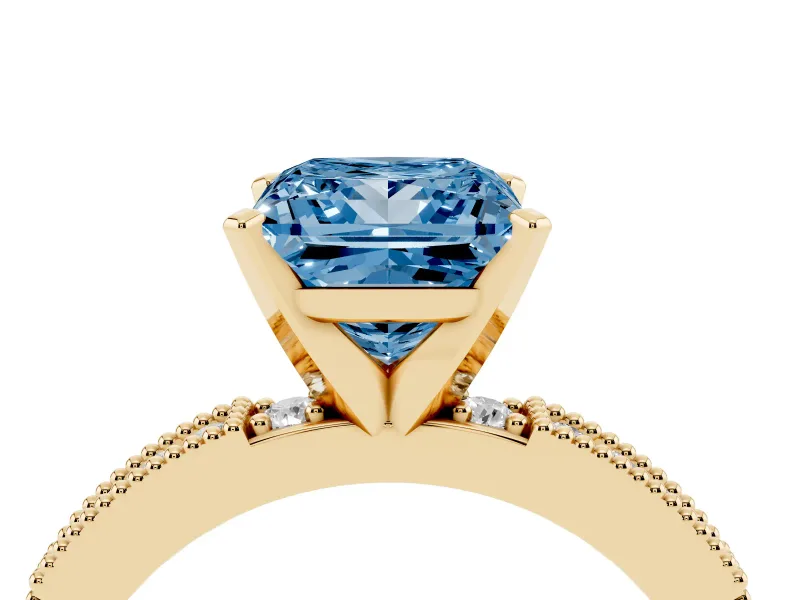 Fancy Blue Princess Cut Diamond Solitaire Ring Set in Yellow gold with Slim Pavé Band and Prong Setting