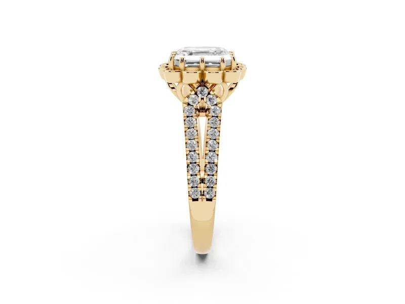 Asscher Cut Petal Frame Floral Halo Engagement Ring Setting | Pavé Split Shank | Yellow Gold