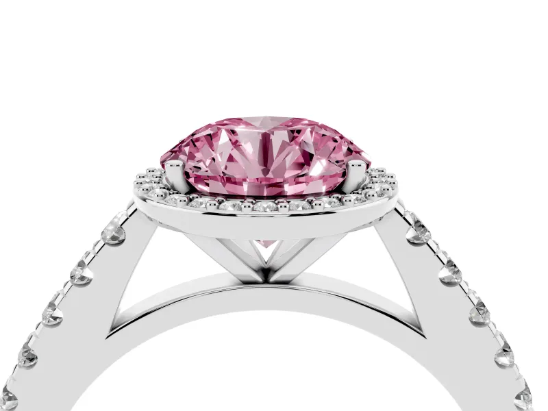 Fancy Pink Round Cut Diamond Halo Engagement Ring Set in Silver with Pavé Band and Prong Setting