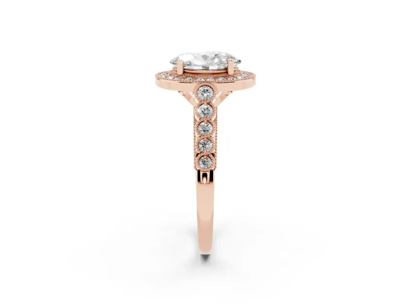 Oval Cut Diamond Milgrain Halo Solitaire Ring Set in Rose gold with Bezel Set Side Stones and Pavé Band
