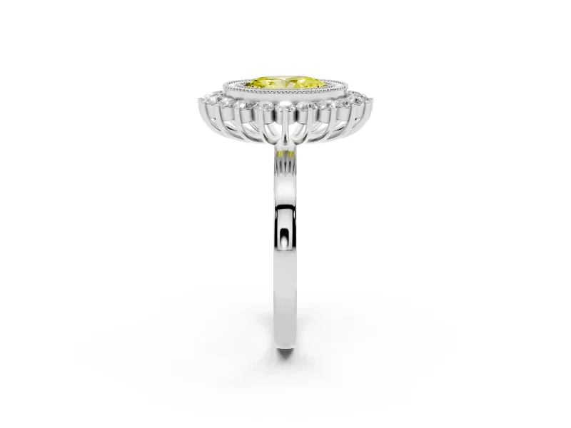 Fancy Yellow Oval Cut Diamond Halo Ring Set in White gold with Milgrain Edge and Round Prong Setting