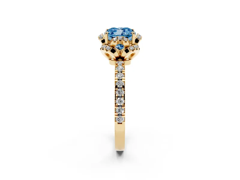 Fancy Blue Cushion Cut Diamond Halo Pavé Band Ring Set in Yellow gold with Prong-Held Center